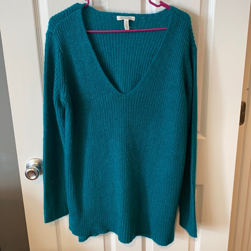 Shimmery knitted swoop-neck sweater